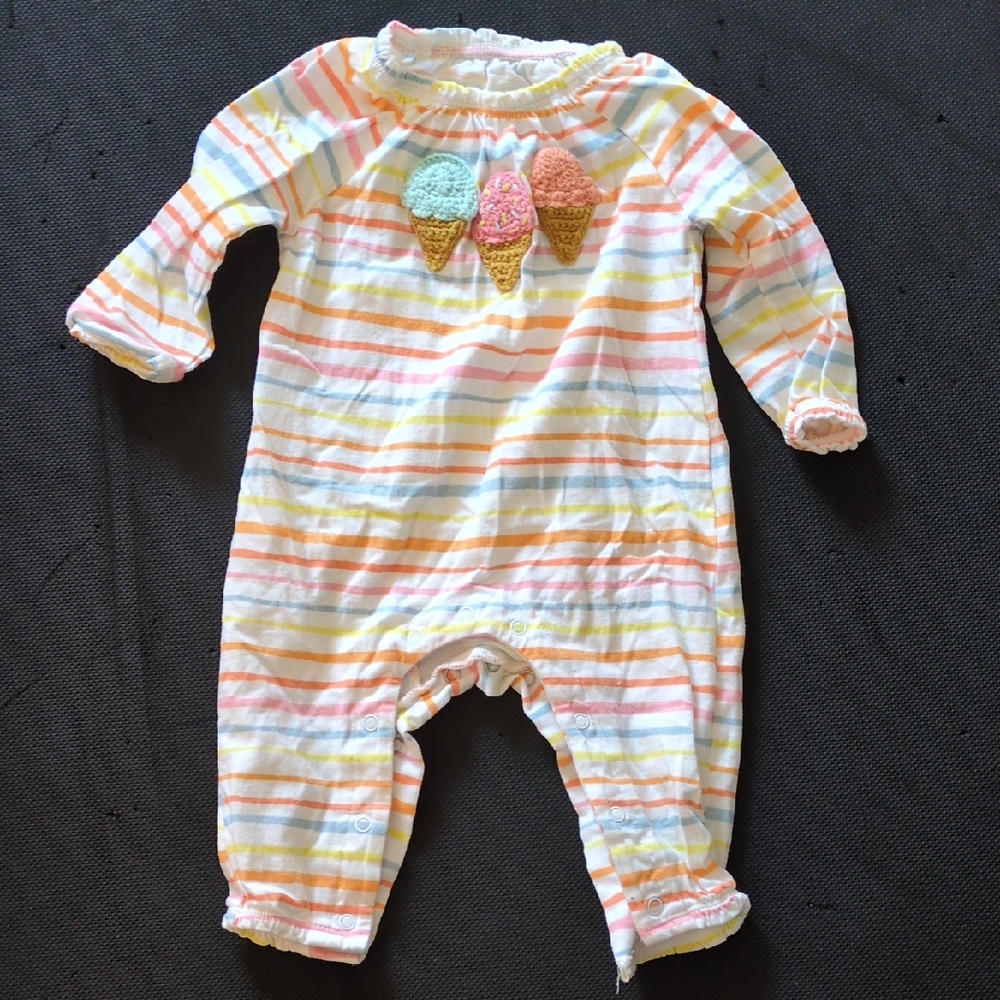 Mud Pie Pastel Striped Bodysuit With Ice Cream Embroidery, 3-6M